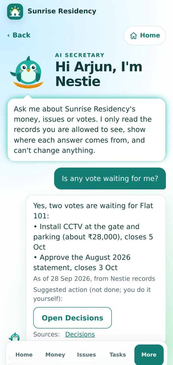 Nestie, the AI Secretary, answering which votes are waiting for Flat 101, with the date, source and a button to open Decisions