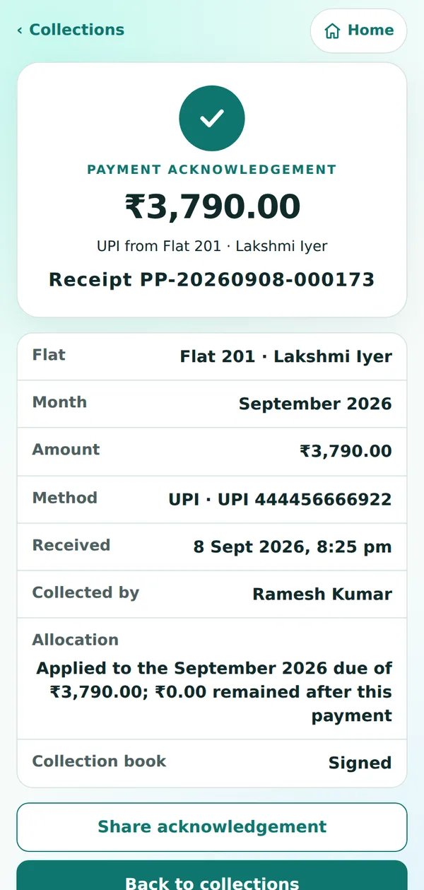Payment acknowledgement of ₹3,790 for Flat 201 paid by UPI, receipt PP-20260908-000173